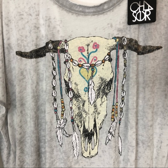 CHASER New Cow Skull Jeweled Burnout Top S - Picture 3 of 11